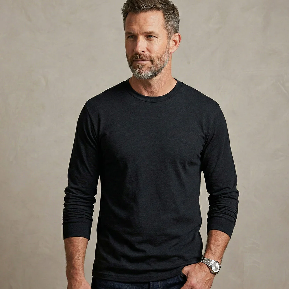 Classic Cotton Blend Long Sleeve Crew Neck T-Shirt - Image 4