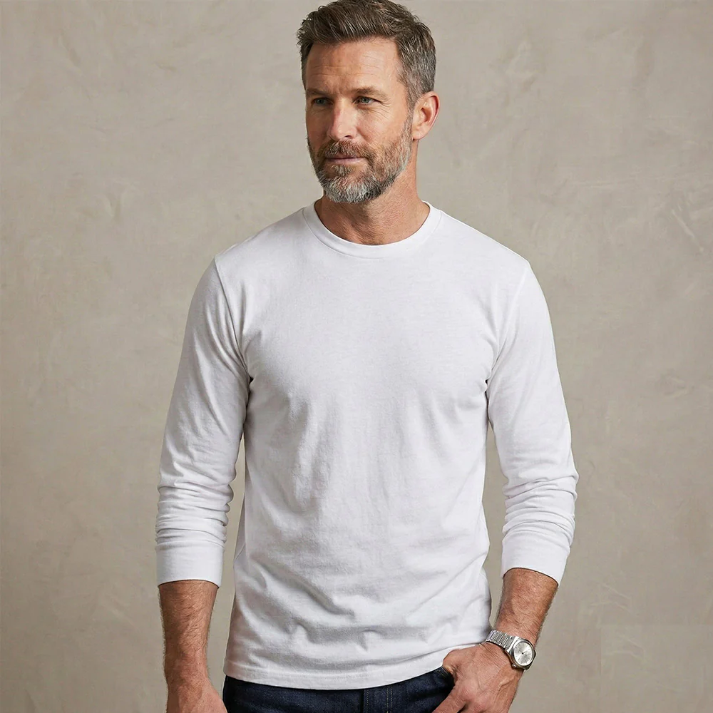 Classic Cotton Blend Long Sleeve Crew Neck T-Shirt - Image 6